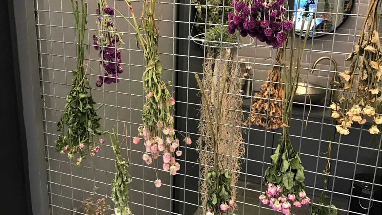 Blumensträuße trocknen hängend an einem Maschendraht