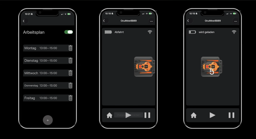 Drei Smartphone-Ansichten der OcuMow-App mit Arbeitsplan, Abfahrt und Ladestatus
