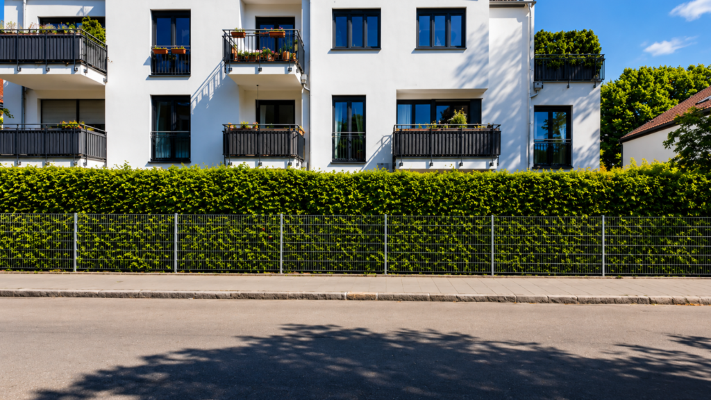 Niedrige grüne Hecke vor einem weißen Mehrfamilienhaus