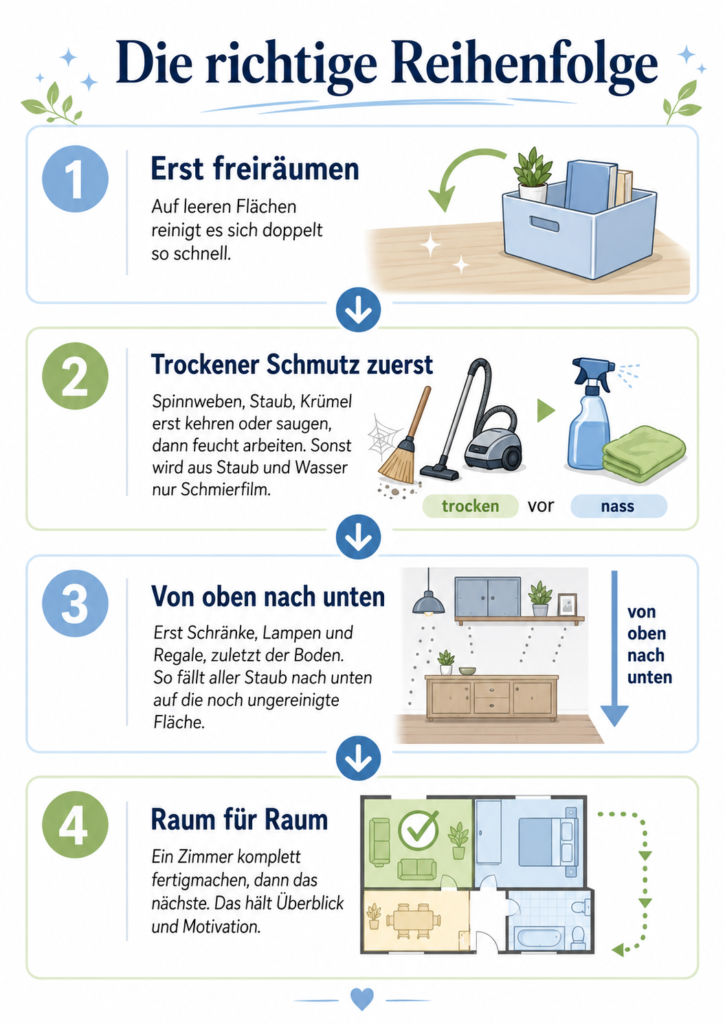 Reihenfolge bei der Grundreinigung: freiräumen, trockenen Schmutz entfernen, von oben nach unten und Raum für Raum arbeiten