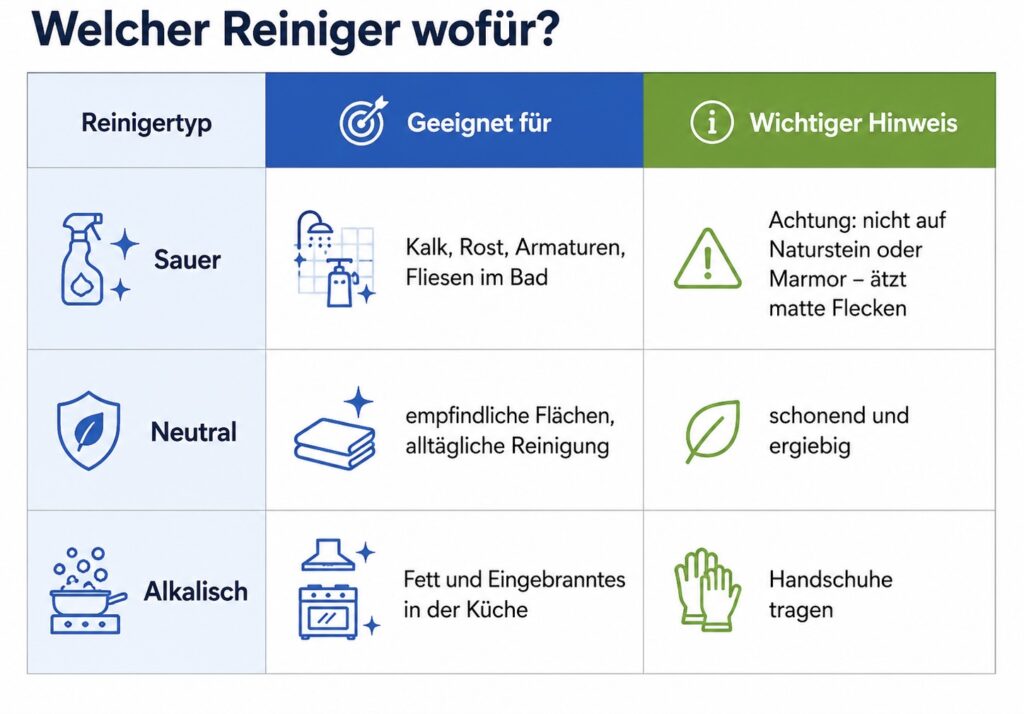 Tabelle zur Auswahl saurer, neutraler und alkalischer Reiniger mit Einsatzgebieten und Sicherheitshinweisen