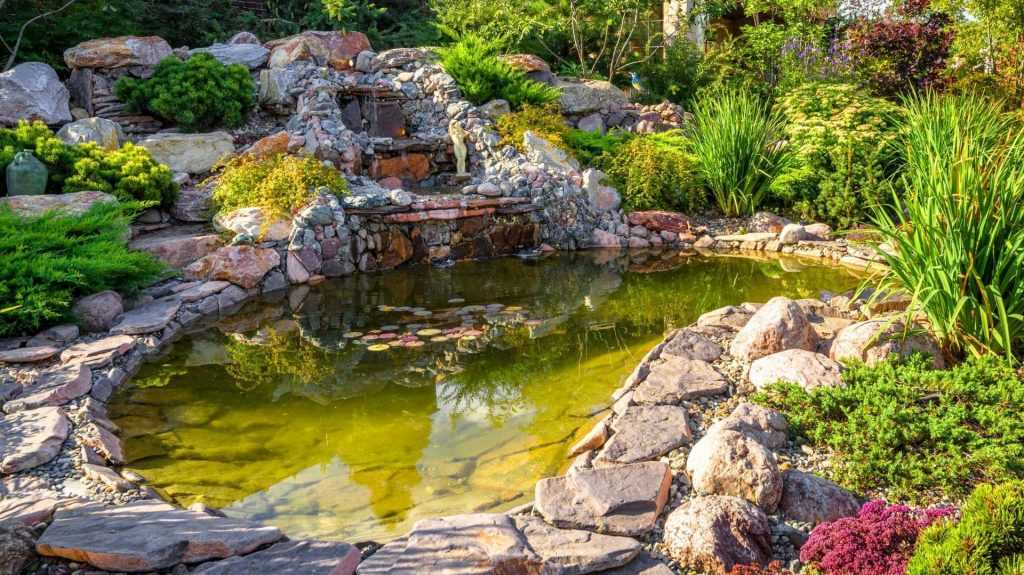 Teich im Garten mit Blumen