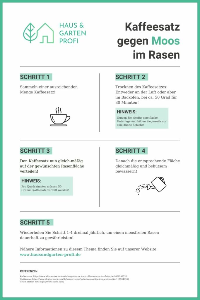 Infografik mit fünf Schritten zur Anwendung von Kaffeesatz im Rasen