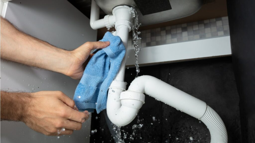 Wasser tritt unter einem Waschbecken aus einem Rohr aus