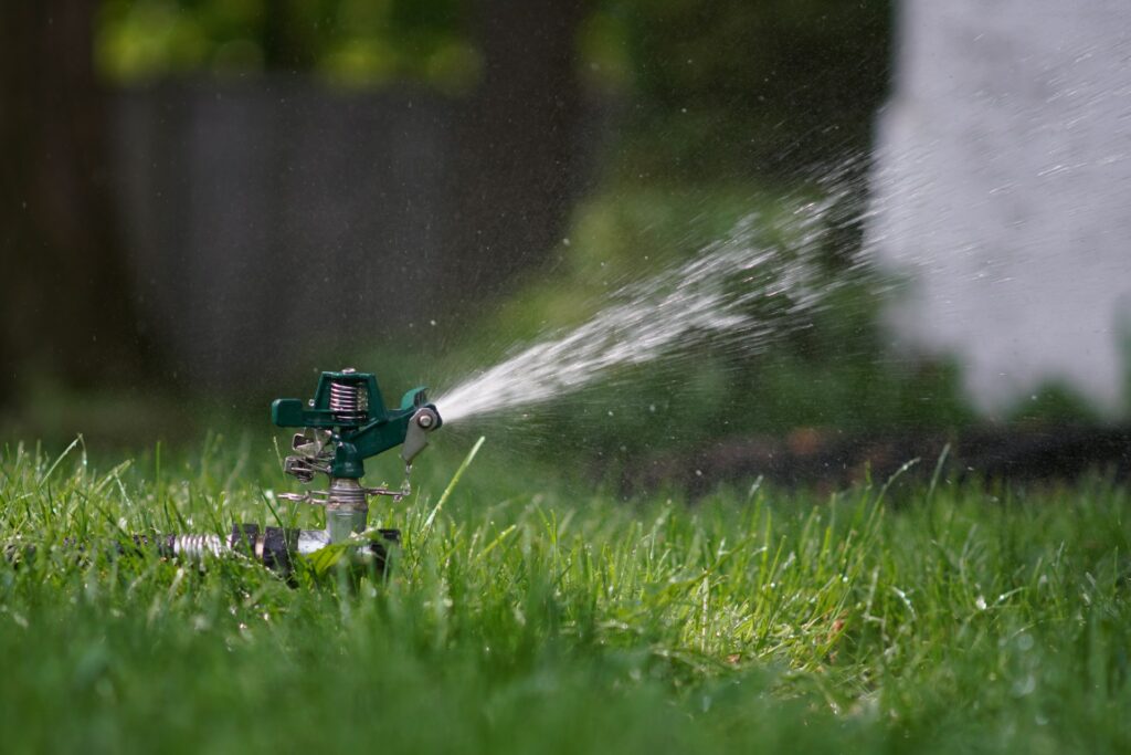 Rasensprenger im Garten gegen braune Flecken
