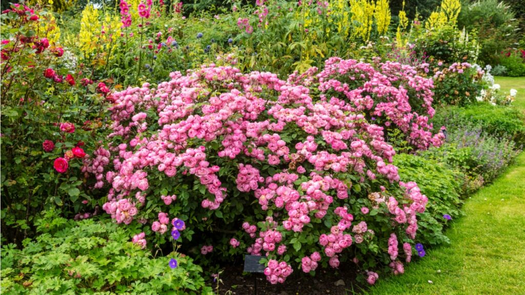 Üppig blühende rosa Strauchrose in einem Gartenbeet