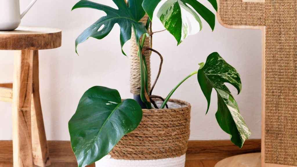 Panaschierte Monstera mit langer Luftwurzel an einer Rankhilfe