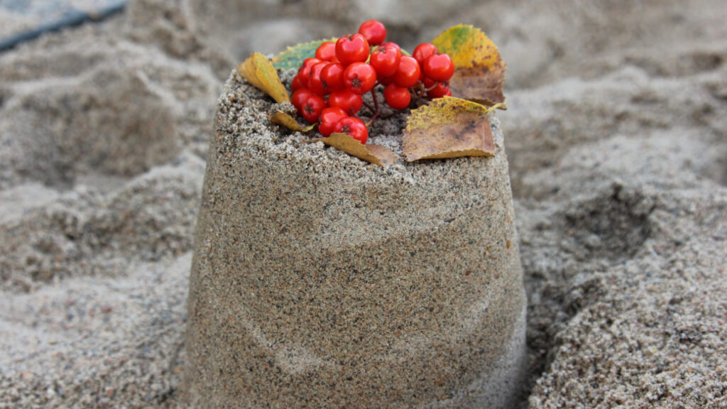 Sandkuchen mit roten Beeren und Herbstblättern
