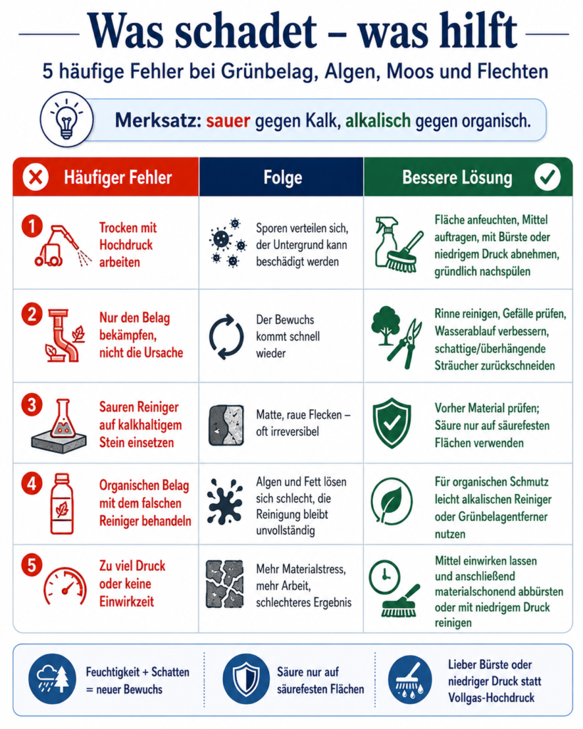 Infografik: fünf häufige Fehler bei Grünbelag, Algen, Moos und Flechten