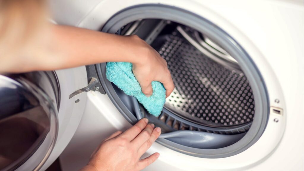 Hand reinigt die Türdichtung einer Waschmaschine mit einem Schwamm