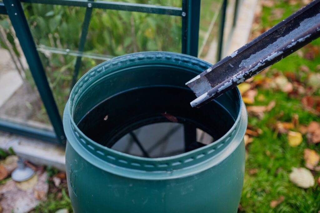 Regentonne sammelt Regenwasser neben einem Gewächshaus