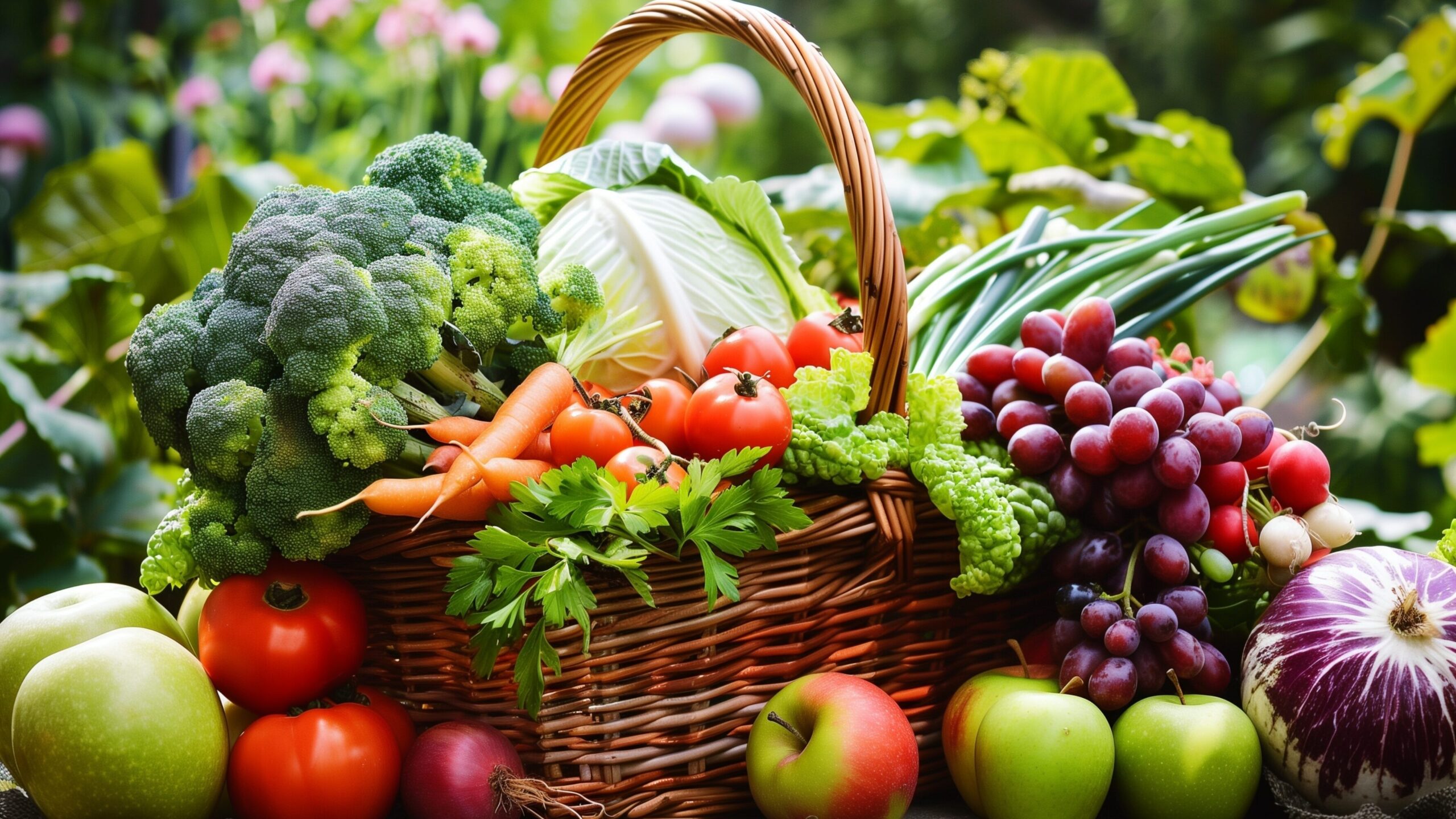 Korb mit Gemüse und Obst im Garten