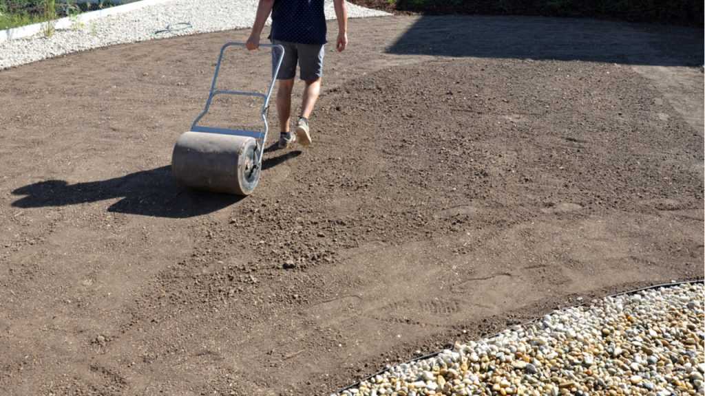 Mann mit Rasen-Walze.