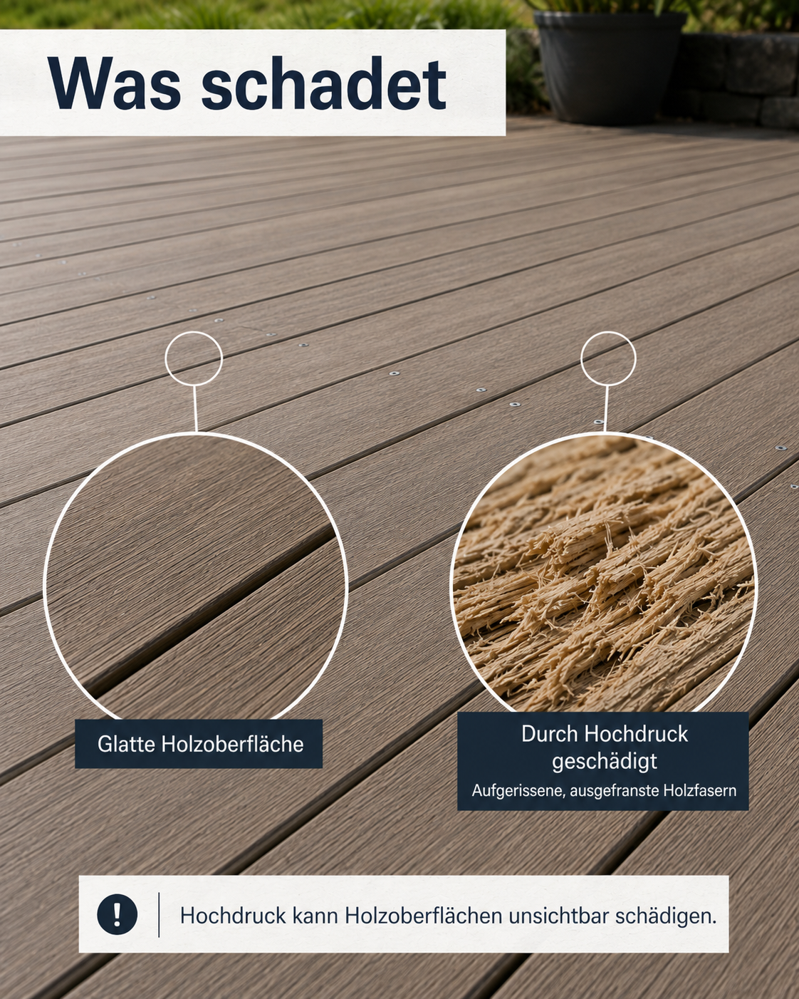 eine glatte Holzoberfläche im Vergleich zu den durch Hochdruck aufgerissenen, ausgefransten Holzfasern.