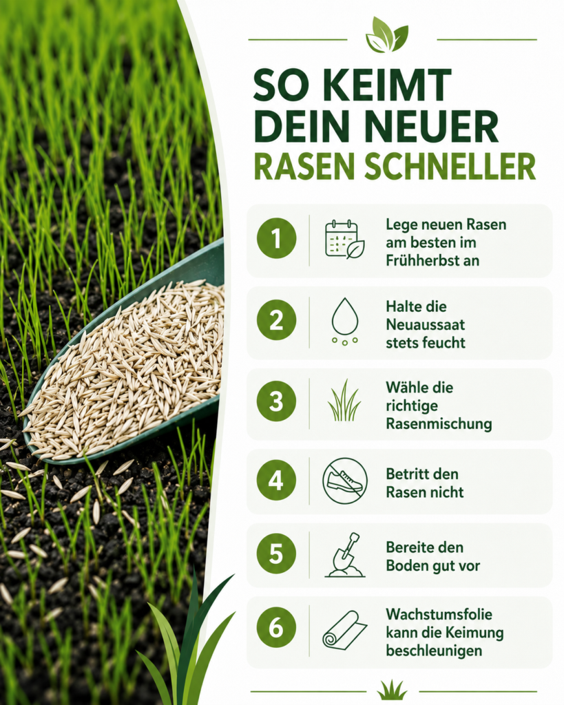 Infografik mit sechs Tipps, damit neuer Rasen schneller keimt