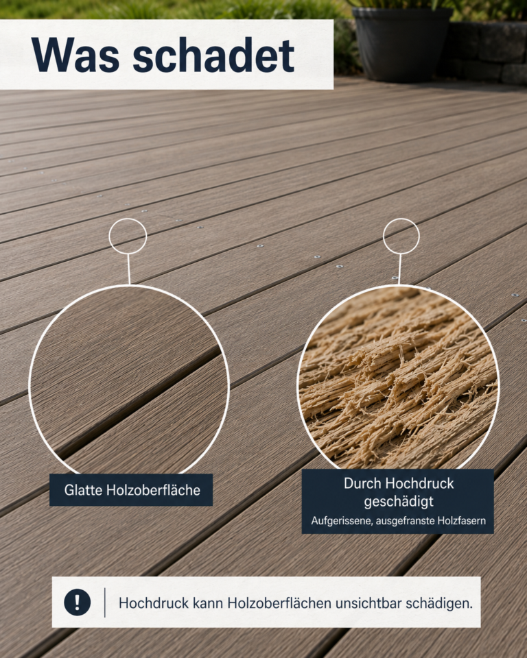 eine glatte Holzoberfläche im Vergleich zu den durch Hochdruck aufgerissenen, ausgefransten Holzfasern.