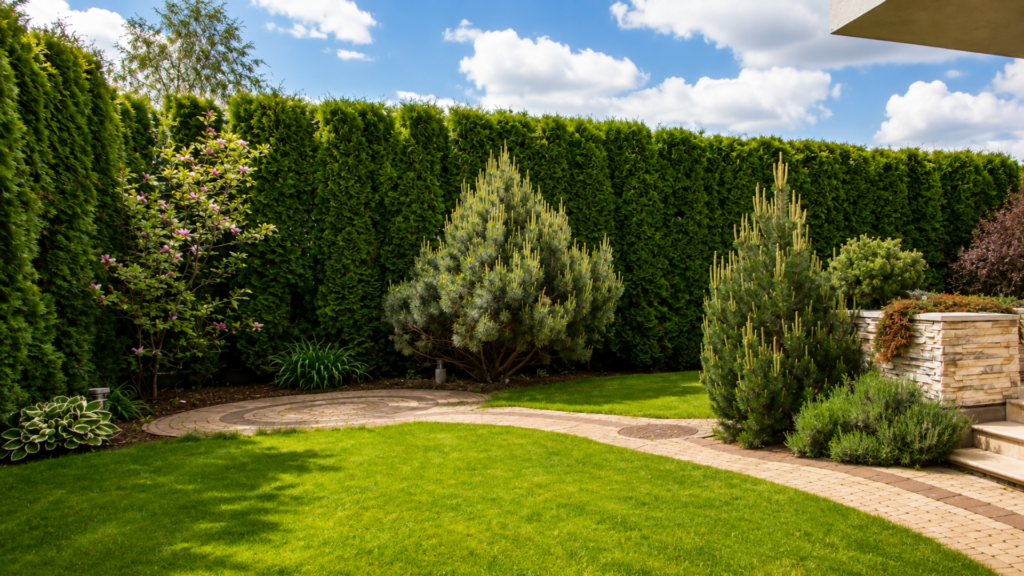 Geschnittene immergrüne Hecke als Sichtschutz hinter Rasen und Ziergehölzen