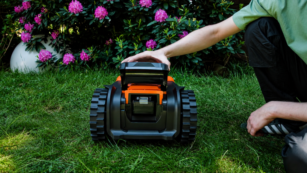 Person öffnet das Akkufach eines orangefarbenen Mähroboters