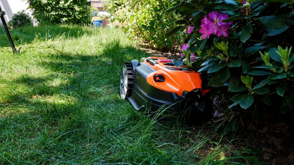 Oranger Mähroboter fährt in einen blühenden Rhododendronstrauch